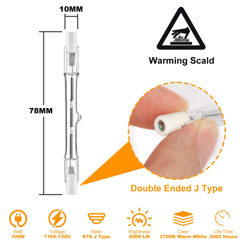 Jaenmsa R7S Halogen Light Bulbs 100W 120V, J78mm Type T3 Bulbs 100 watt, 3 inch Halogen Double End Bulbs for Work/Security/Landscape Light Bulbs Dimmable