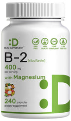 DEAL SUPPLEMENT Vitamin B2 400mg (Riboflavin) | with Magnesium Glycinate 400mg, 240 Capsules – 2 in 1 Support Healthy Nervous System, Mood, Blood & Energy Production, Non-GMO