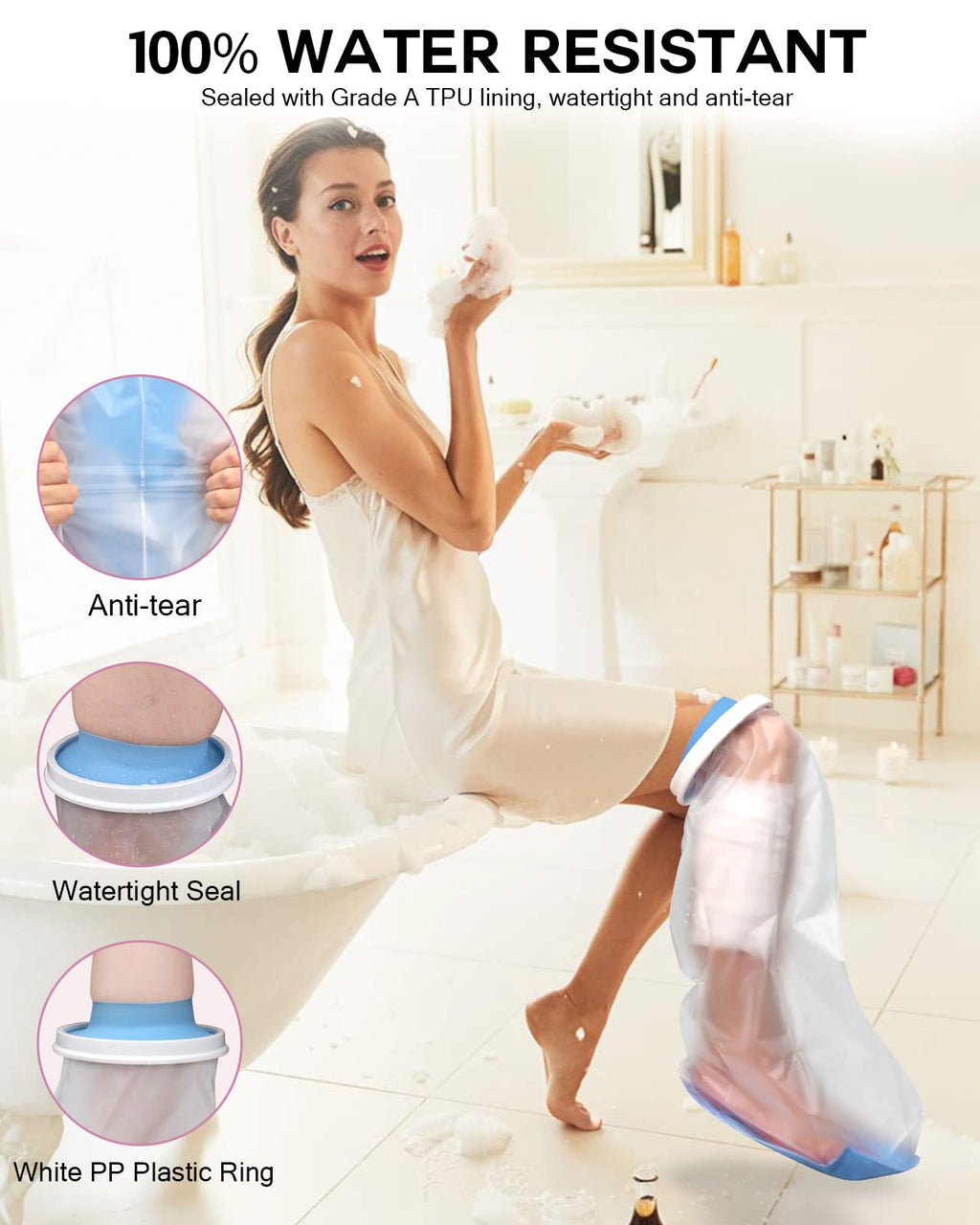 DNEOUXI Waterproof Cast Covers for Shower Leg Adult with Non-Slip Bottom, Watertight Leg Cast Protector Cast Bag for Shower Knee Shank Foot Ankle Surgery Dressing Wound, Reusable