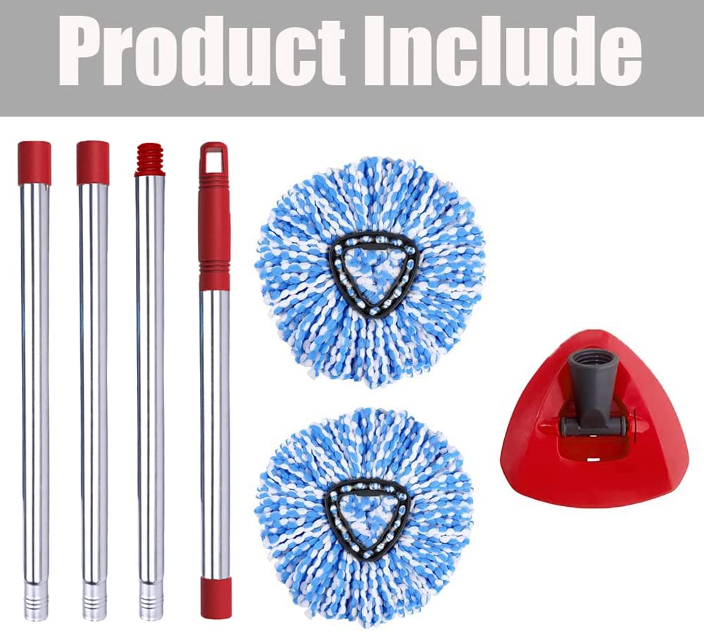 ANREKEYH Spin Mop Head, Base, Handle Replacement for O-ceda EasyWring RinseClean Microfiber Spin Mops, 2 Microfiber Mop Refills, 1 Triangle Head Cover and 30-58in Handle (Blue (2-Tank System))