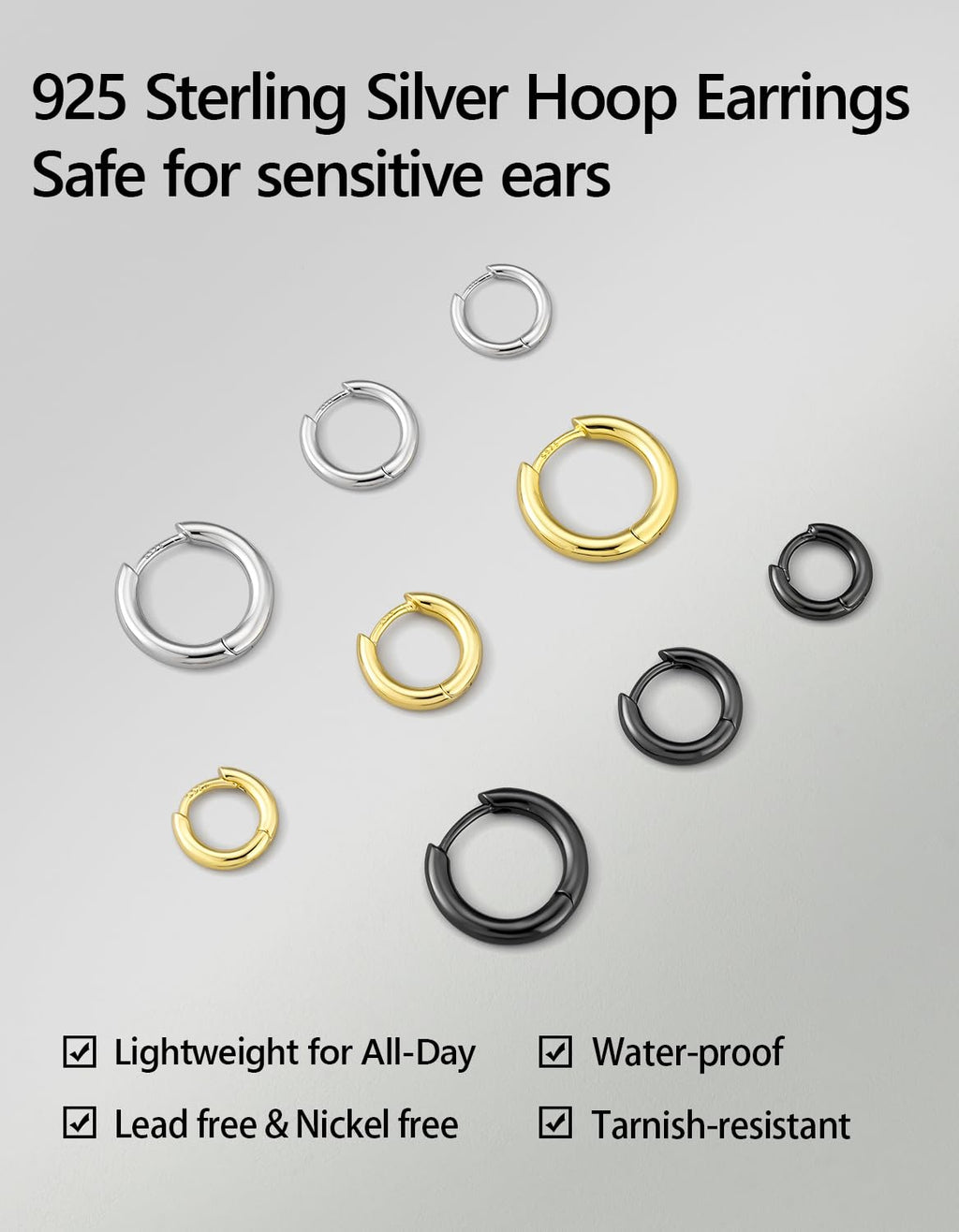 KRKC&CO Hoop Earrings for Men, 925 Sterling Silver Set, White Gold Plated
