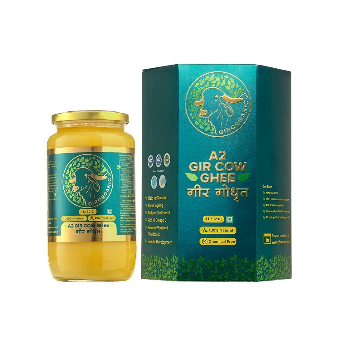 100% Organic Grass fed Ghee Butter from GirOrganic - 1 liter glass jar of Premium quality A2 Gir Cow cultured ghee. Pasture raised, Non-GMO, lactose - Casein - gluten free. Delivered in 5-8 days.