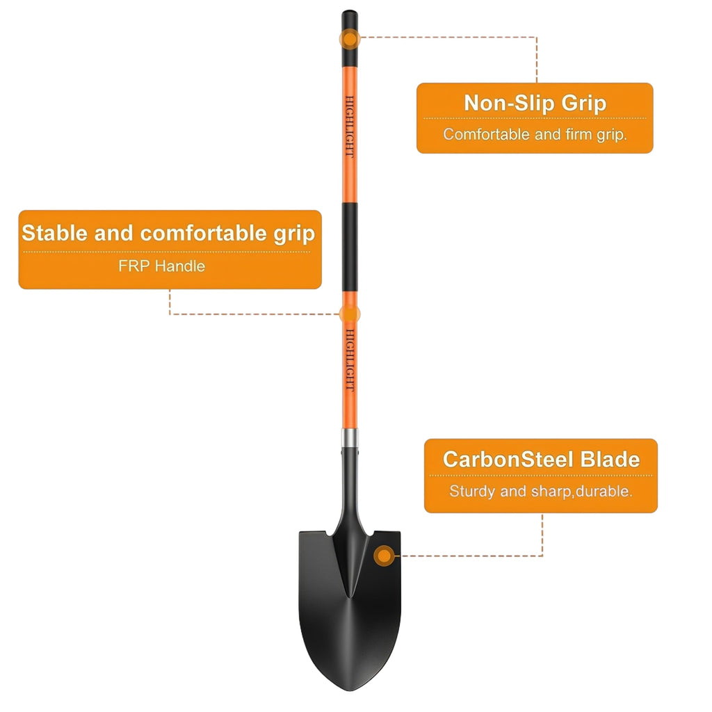 56-Inch Round Point Garden Shovel for Digging, Fiberglass Handle, Orange