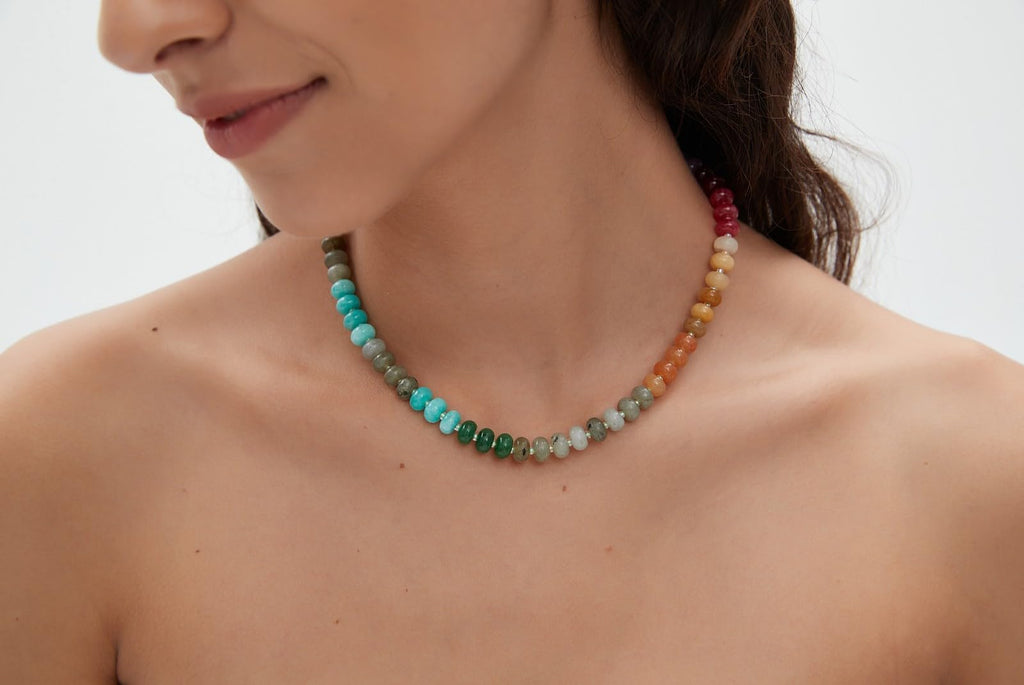 Zissunbeam Bead Gemstone Choker Necklace for Women,Colorful Natural Stone Beaded Statement Boho Beach Charm Necklace Jewelry for Women,Rainbow Stone Charm Trendy Necklaces