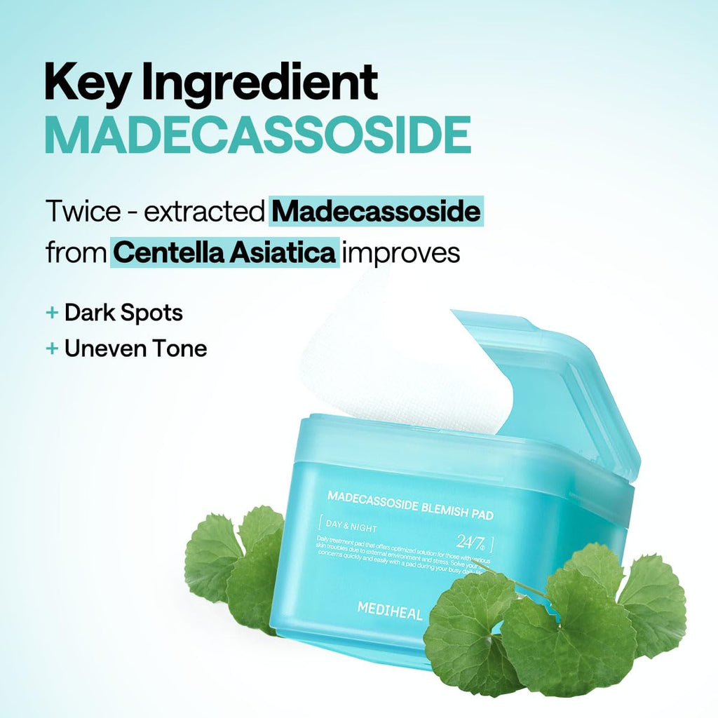 MEDIHEAL Madecassoside Blemish Pad - Square Cotton Facial Toner Pads with Centella Asiatica & Madecassoside – Anti Blemish to Improve Uneven Skin Tone - Vegan Face Gauze Pads, 100