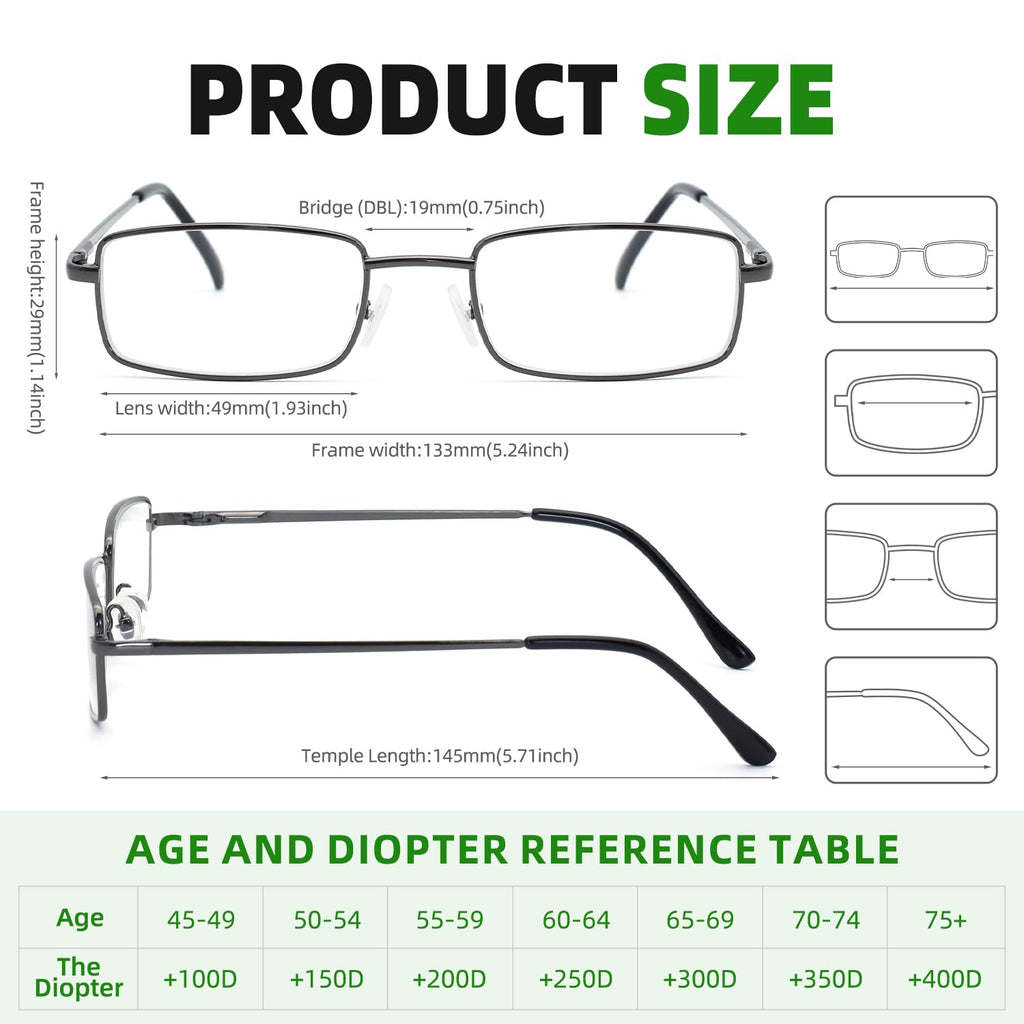 6-Pack Metal Reading Glasses for Men Women Spring Hinge Readers Clear Lens Non Yellow Coating, 3 Black 3 Gunmetal 2.0 x