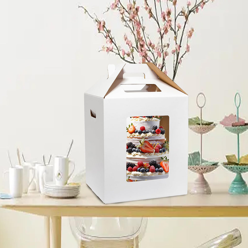 Mcfleet 6 Pack Tall Cake Box for Tier Cake with Window 2 Sizes 10x10x12 & 12x12x14 Inch, Disposable Large Layer Bakery Carrier with Handle - Bakery Safe Transport Box for Wedding, Birthday, Party