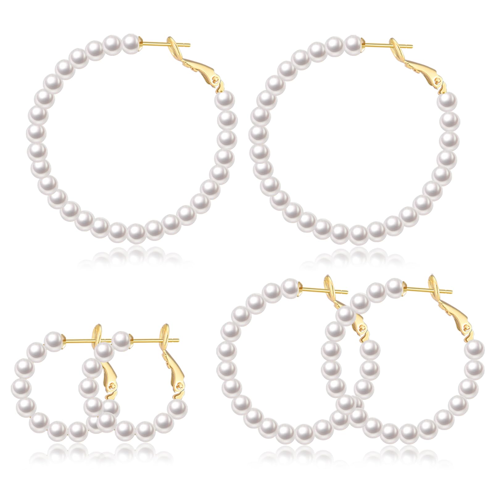 CERSLIMO Pearl Hoop Earrings for Women - 3 Pairs 14K Gold Plated Pearl Hoop Earrings Set, S925 Sterling Silver Post Big Large Hoops 4mm Pearl Earrings Jewelry Gifts 20/30/40mm