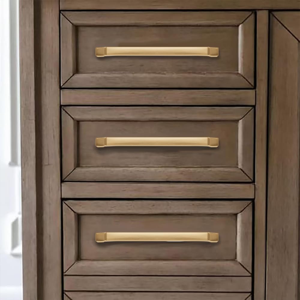 khtumeware 10-Pack 6 Inch Square Brushed Brass Cabinet Pulls, Solid Satin Brass Zinc Alloy Heavy-Duty Handles for Kitchen/Bathroom Cabinets, Drawers & Cupboards (6 Inch Center to Center)