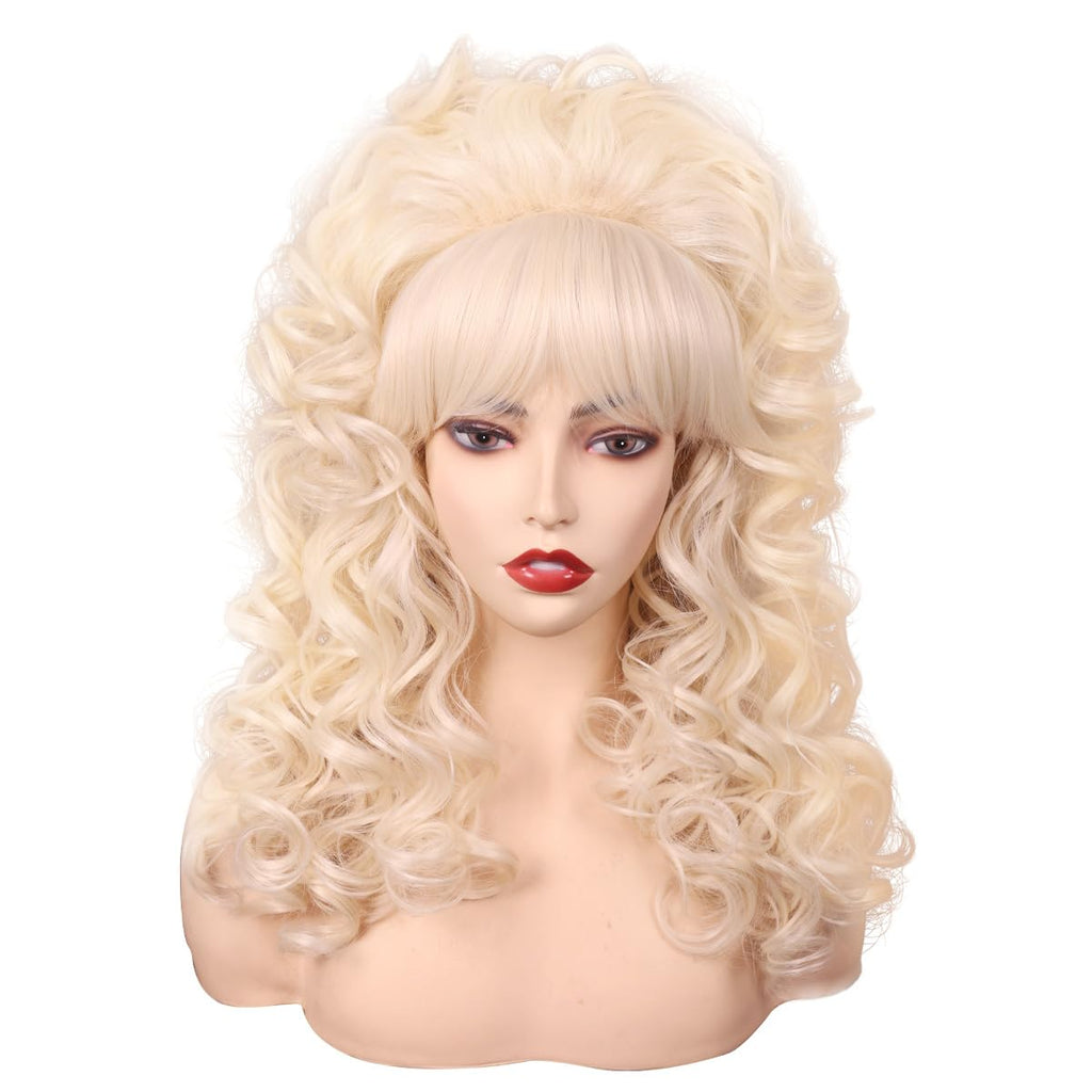 FantaLook Blonde Long Curly Wig with Bangs, Vintage Costume Wig for Women