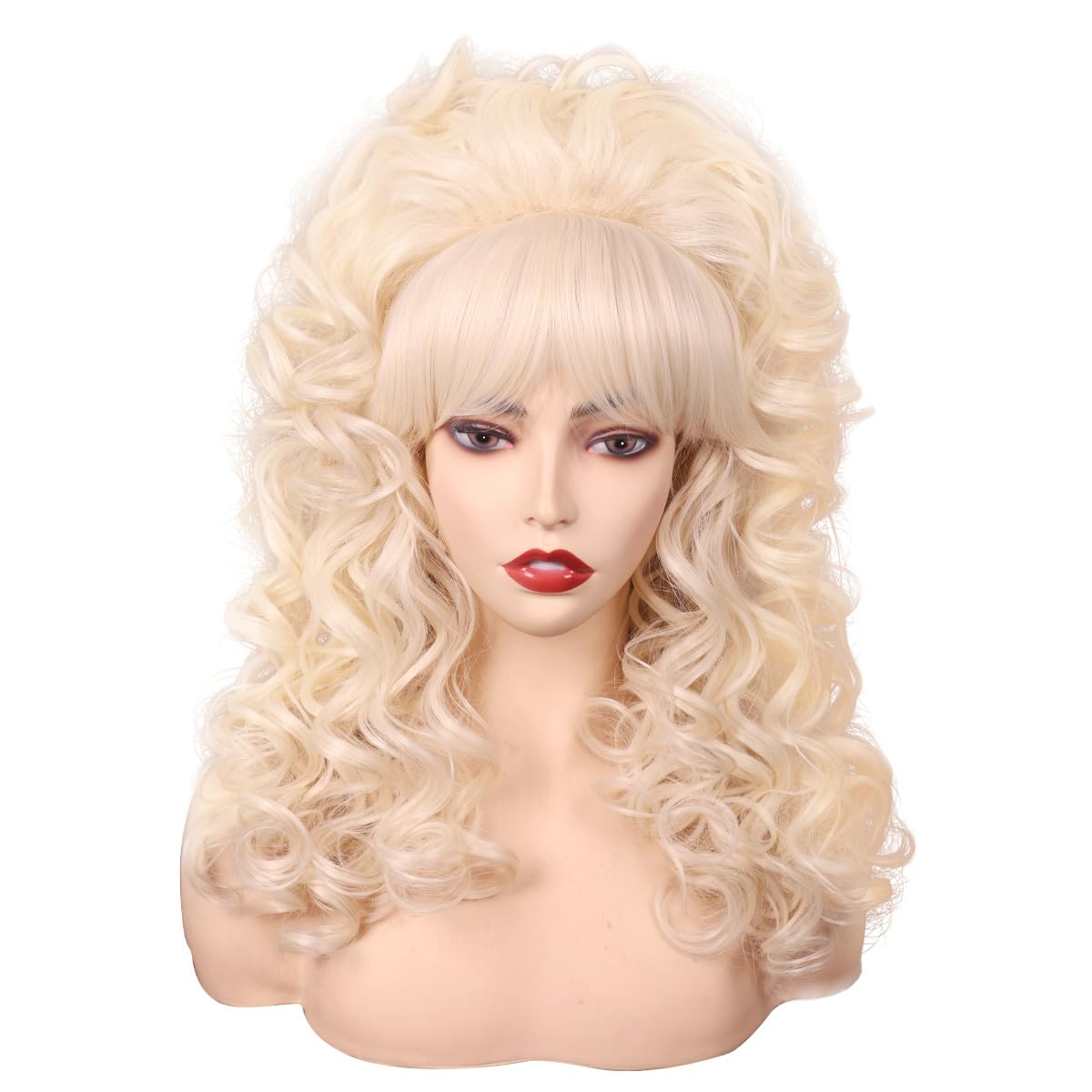 FantaLook Blonde Long Curly Wig with Bangs, Vintage Costume Wig for Women