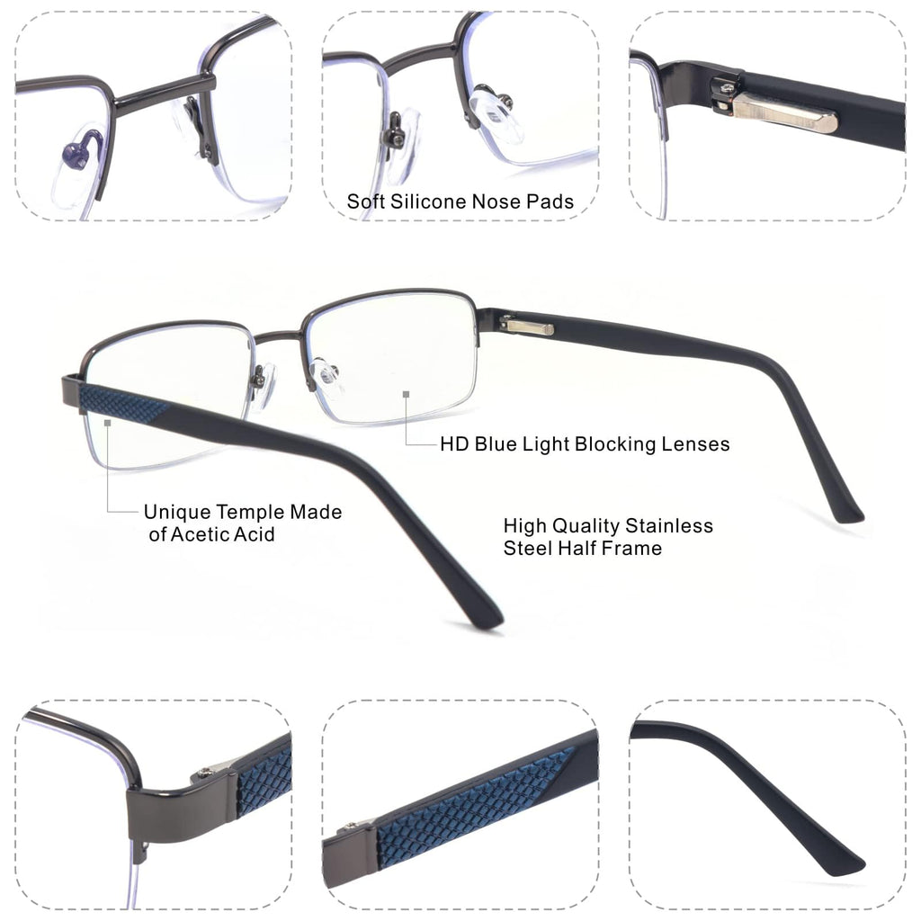 Missfive Mens Premium Multifocus Reading Glasses 0x on Top Center, Blue Light Blocking Far/Mid/Near Progressive Multifocal Readers Metal Frame with No Broken Spring Hinge Eyegwear 1.5 D