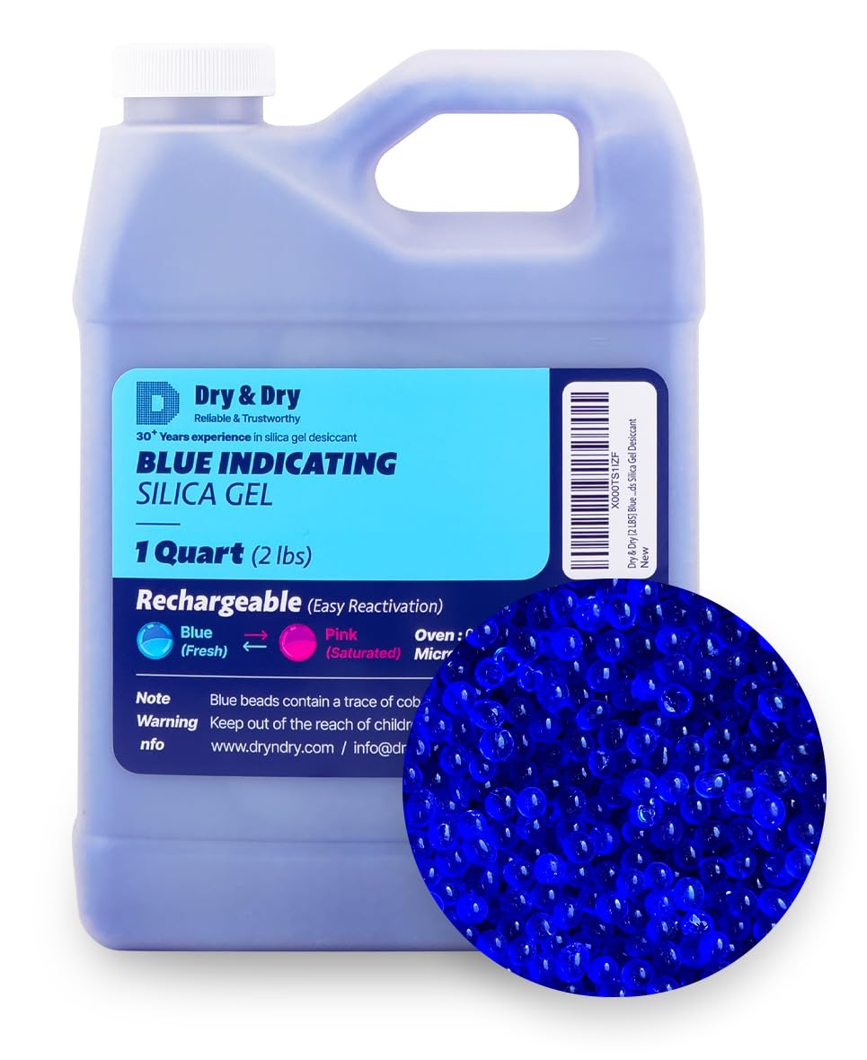 Dry & Dry [2 LBS] Blue Indicating Silica Gel Beads Desiccants (Industry Standard 3-5 mm) - Reusable Desiccant Beads Silica Beads(Blue to Pink) Moisture Absorbers
