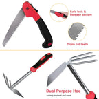 Red Gardening Tools, WisaKey 9 Piece Stainless Steel Heavy Duty Garden Tools with Non-Slip Ergonomic Handle, Garden Tote Bag, Garden kit, Gardening Gifts for Women Mothers