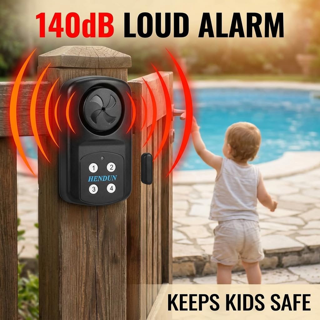 HENDUN Outdoor Door Alarm with Remote Keypad, Waterproof IP67,Inground Pool Safety Alarm,Gate Open Sensor, 140 dB Super Loud, Prying Door Entrance Alert (1 Pack)