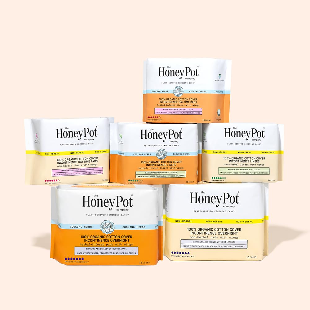 The Honey Pot Company - Herbal Pads for Women - Organic Incontinence Overnight w/Wings - Infused w/Essential Oils for Cooling Effect - Postpartum Essentials - Feminine Care - 16 ct