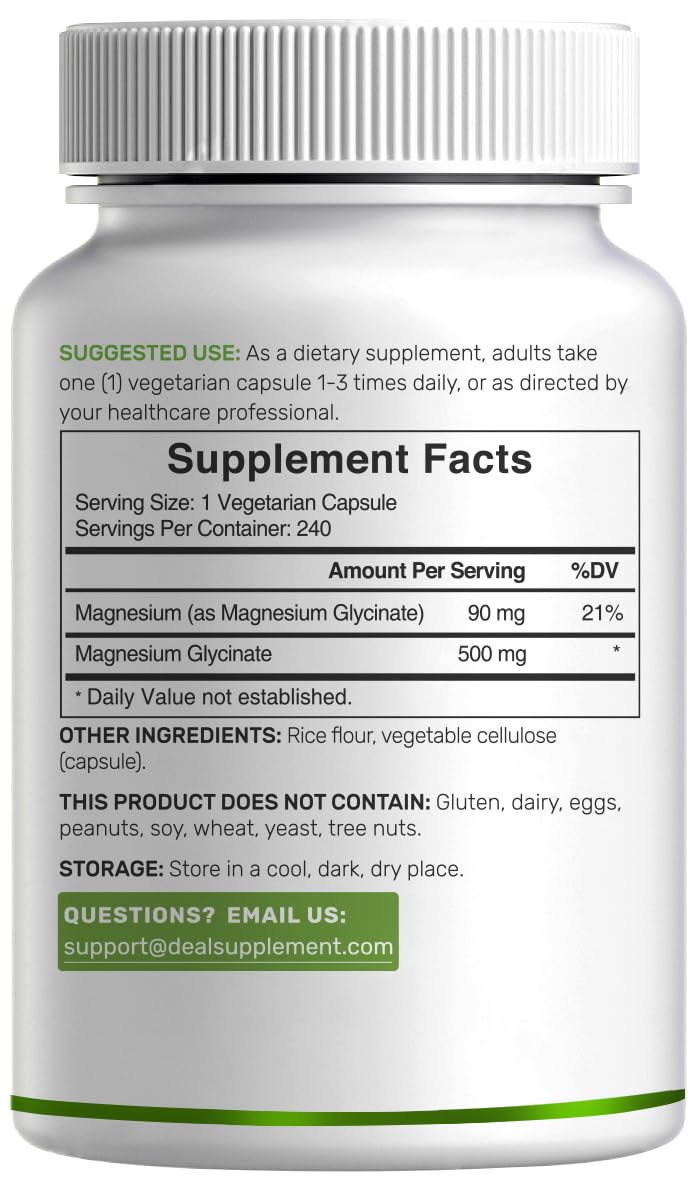 Deal Supplement Magnesium Glycinate 500mg, 240 Veggie Capsules | 100% Chelated for Easy Absorption | Essential Mineral Supplement | Non-GMO, Gluten-Free