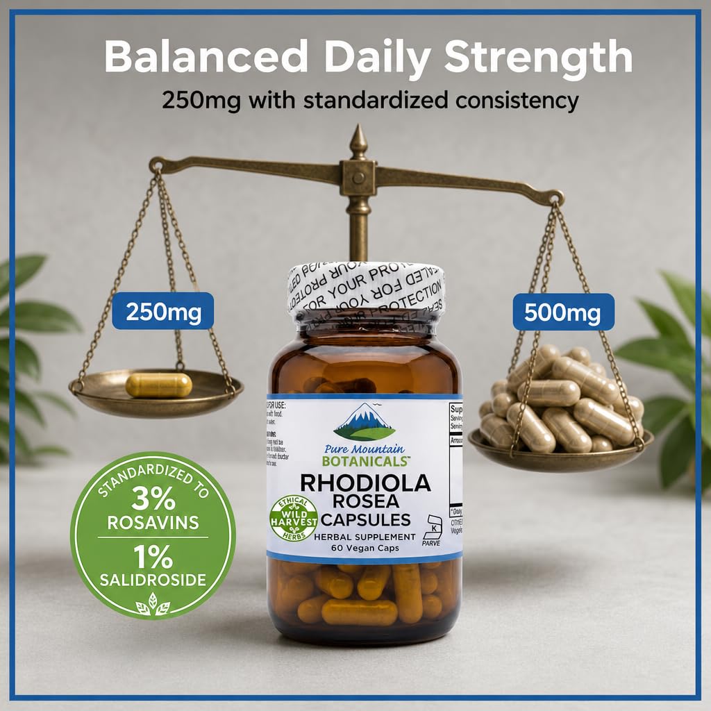 Pure Mountain Botanicals Rhodiola Rosea Supplement - 60 Capsules 250mg - Root Extract Standardized 3% Rosavins 1% Salidroside - Vegan Kosher Gluten Free