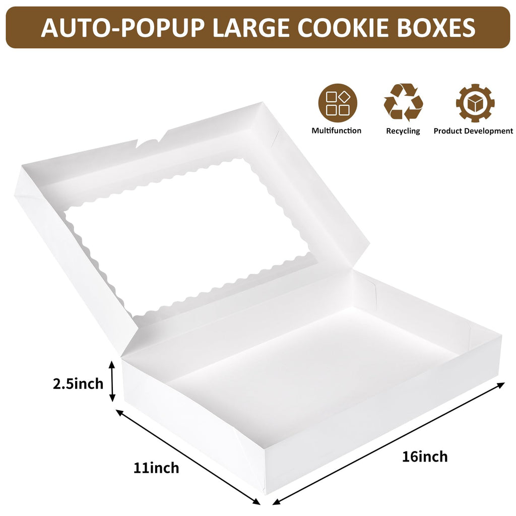 Moretoes 30pcs Cookie Boxes, 16x11x2.5 Inches Auto-Popup Bakery Boxes with Window for Pastries, Pies, Muffins, Chocolate Covered Strawberries