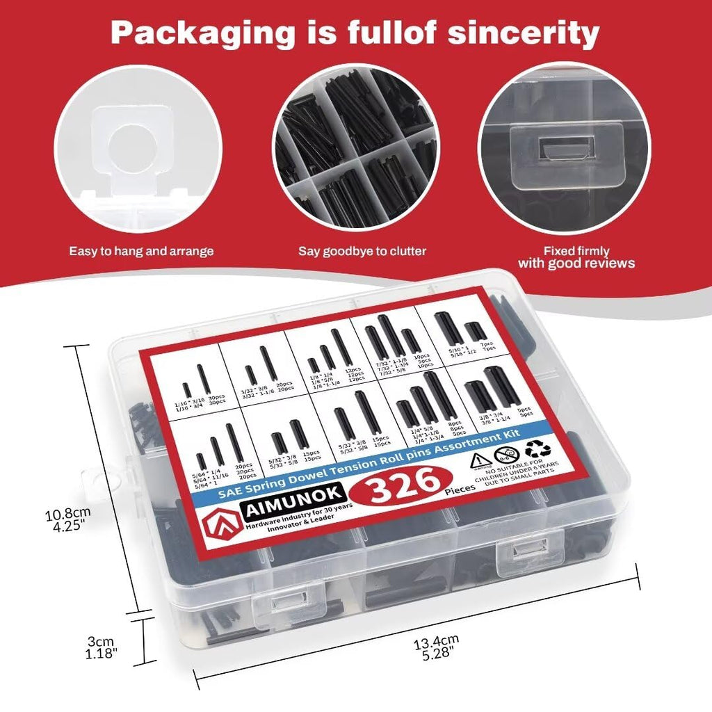 AIMUNOK 326PCS Roll Pin Set - 24 Sizes Spring Dowel Tension Roll Pins - 1/8 1/4 3/8 1/16 5/64 3/32 5/16 5/32 7/32 Split Expansion Pin Assortment Kit for Home Improvement