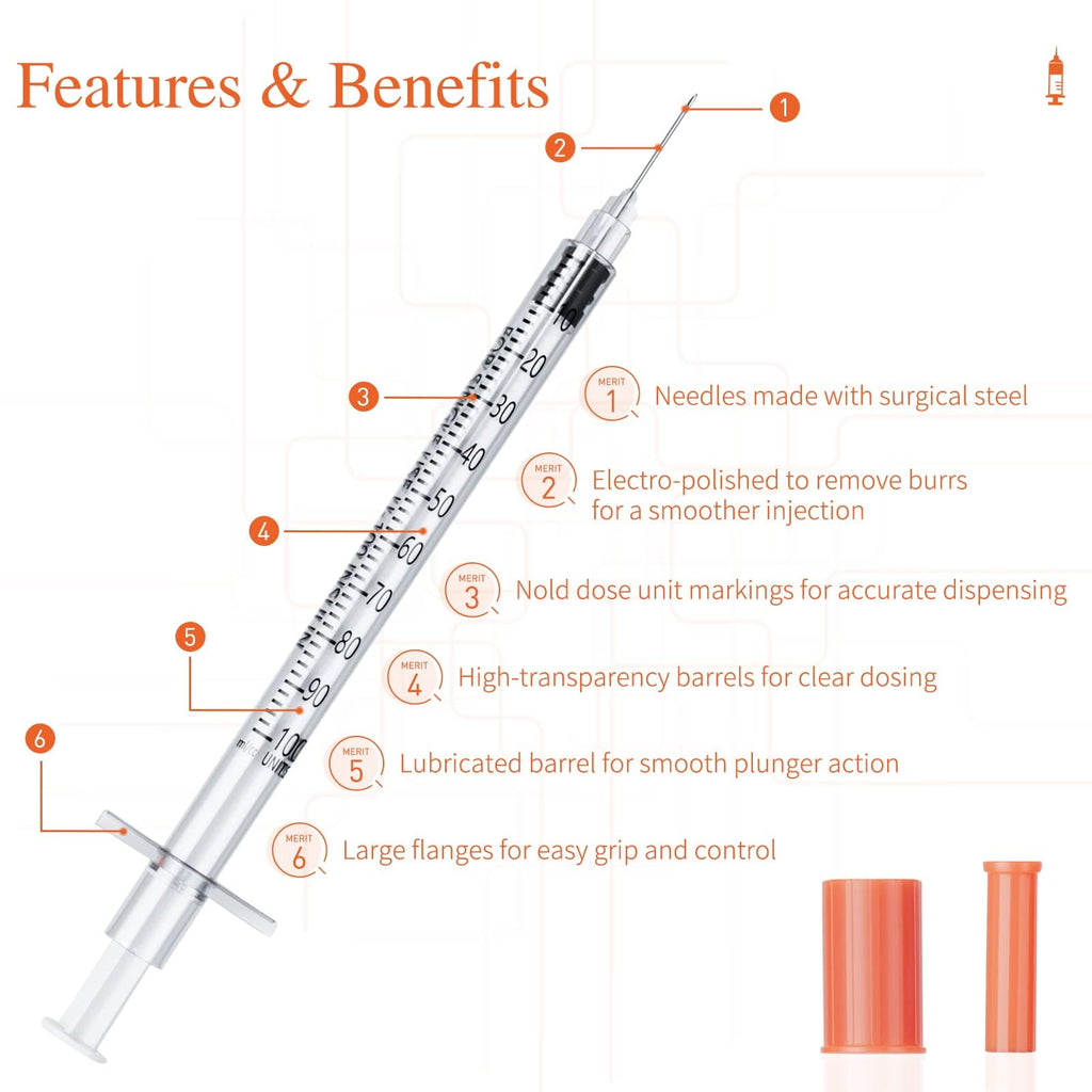 1ml U-100 Syringe with Needle, 31G 1cc 5/16-Inch (8mm), Lab Measuring Supplies,Individually Wrapped,Pack of 50