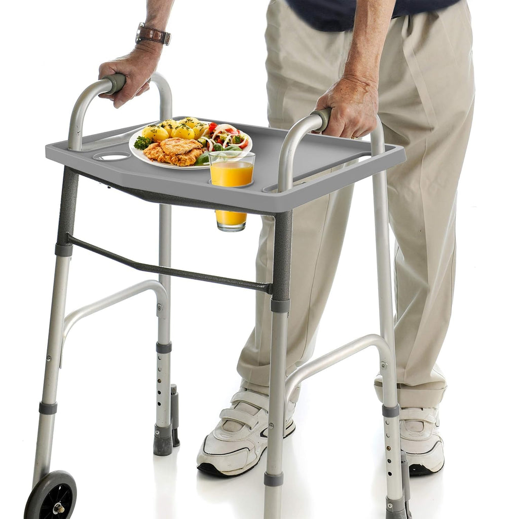 Walker Tray Table with 2 Cup Holders - Universal Trays for Standard Folding Walkers - Home Mobility Accessories by Bluestone (Gray)