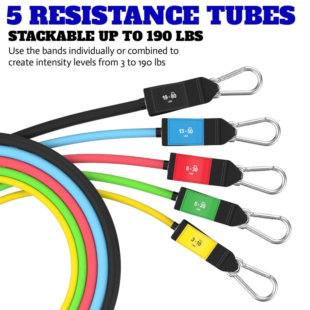 Bodylastics PRO Series Resistance Band Set - 5 Bands, Handles, Ankle Straps, Door Anchor, Carry Bag - Patented Clips and Snap Reduction Tech (3-190 Lbs Max Resistance)