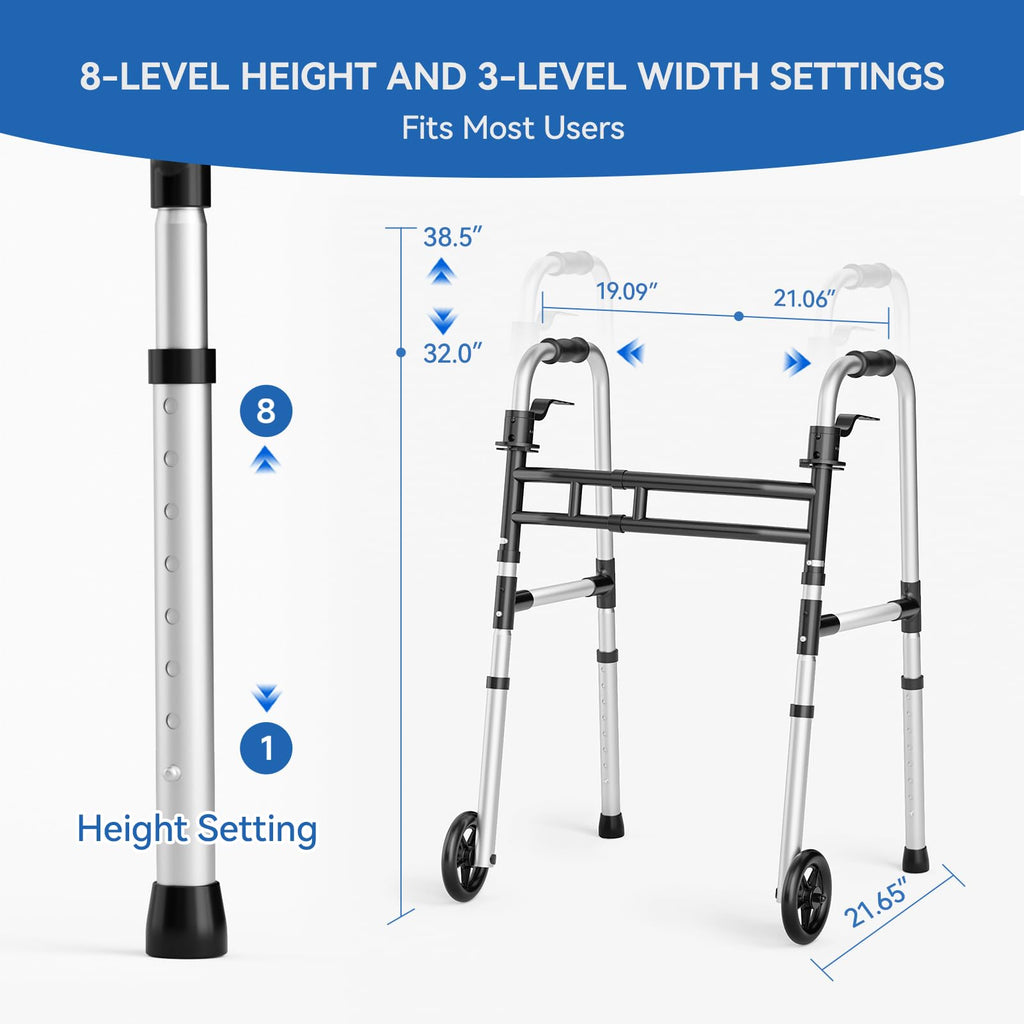 Loyoda Folding Walkers for Seniors，Medical Bariatric Walker Lightweight 5'' Front Wheel Walker Height and Width Adjustable Aluminum Standard Walker for Handicap