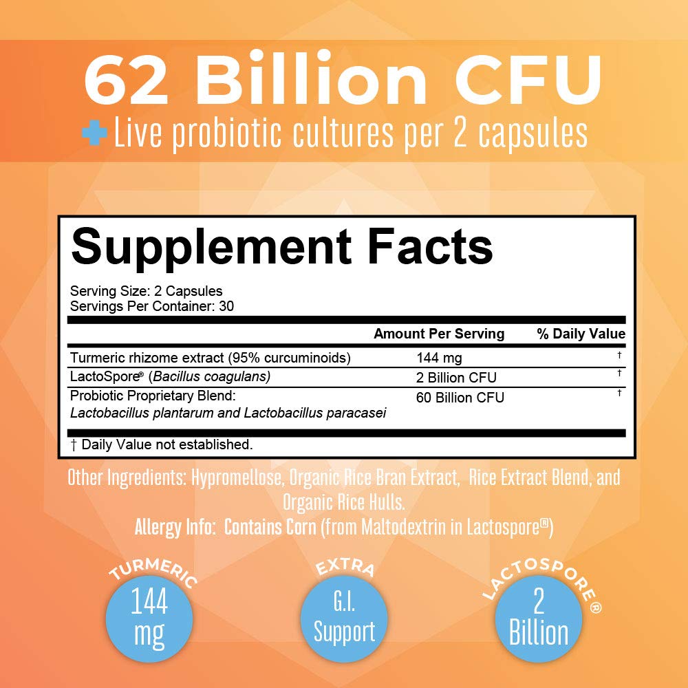 MaryRuth Organics Probiotic Turmeric + Extra GI Support | 62 Billion CFU | Organic Ingredients Turmeric Complex with Probiotics | Turmeric Curcumin Capsules for Digestion | Vegan | 60 Count
