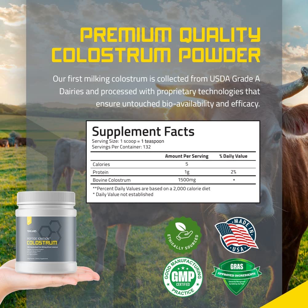 TBR Labs Colostrum Powder, Grass Fed, Gut Health, Bloating, Immunity, Skin & Hair, Contains 400+ Bioactive Nutrients, Potent Bioavailable, Keto, 100% First Milking – 200g (132 Servings)