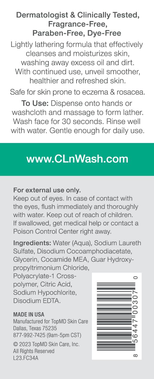 CLn® Facial Cleanser - Hydrating Facial Cleanser with Glycerin, For Skin Prone to Dryness, Eczema, Redness, Irritation & Acne Sensitivity, Fragrance-Free & Paraben-Free, 3.4 fl. oz.