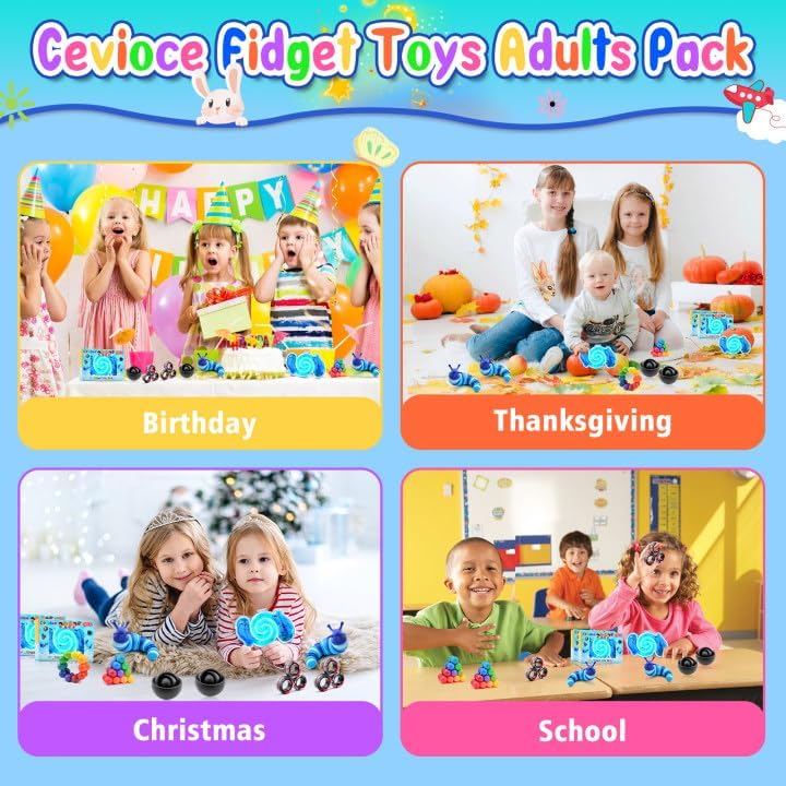 Cevioce 15Pcs Fidget Toys Adults Pack,Stocking Stuffers for Teens Boys Girls,Autism Sensory Toys with Fidget Spinner Slug Magnetic Rings,Squishy Fidget Toys ADHD Stress Relief,Party Favor for Kid-BBB