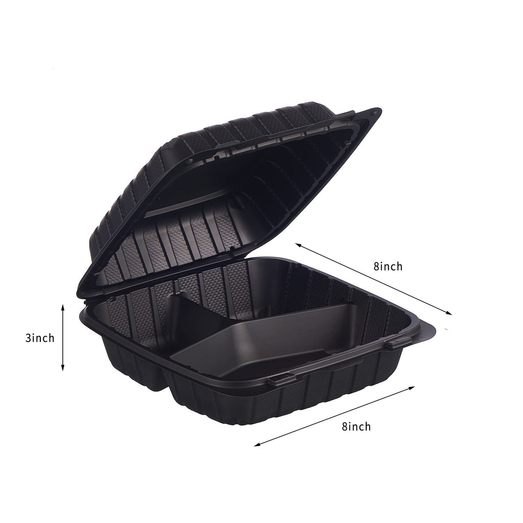 8X8" 3-Compartment 50-Pack Plastic Clamshell Takeout Food Trays Heavy Duty Togo Disposable Box For Pasta Salad Sandwich Carryout Meal Prep Packaging Catering Hinged Containers With Secure Snap Lid