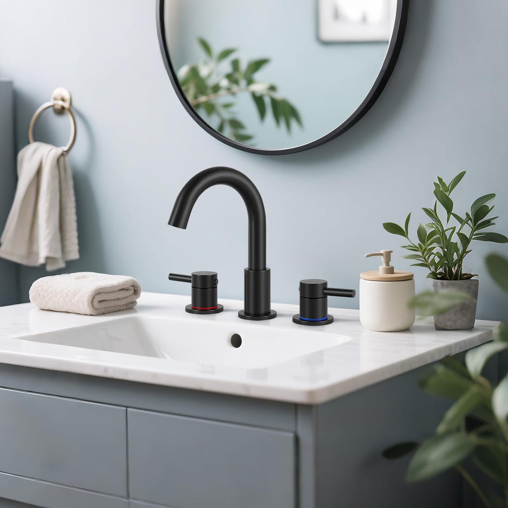 IUERASD Bathroom Faucet 3 Hole, Matte Black Bathroom Sink Faucet with Pop Up Drain, 8 inch Widespread Bathroom Faucet with 360° Swivel Spout, 2 Handle Vanity Faucet with Water Supply Hoses