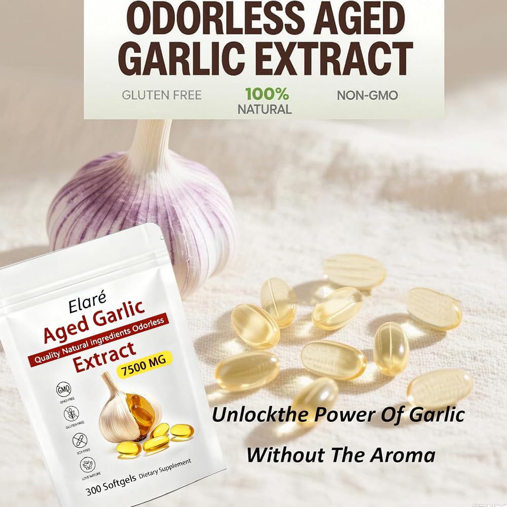 Elare Aged Garlic Extract - 7500mg Odorless, Organic Garlic Extract Capsules | Heart & Immune Antioxidant Supplements, Vegetarian, All-Natural, Non-GMO, 300 Softgels