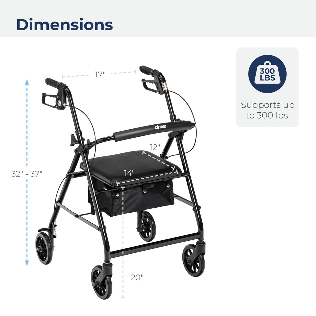 Drive Medical Aluminum Rollator Walker - Fold Up & Removable Back Support - Padded Seat - 6 Inch Wheels - Lightweight Portable Design - Indoor Outdoor Mobility Aid - Black