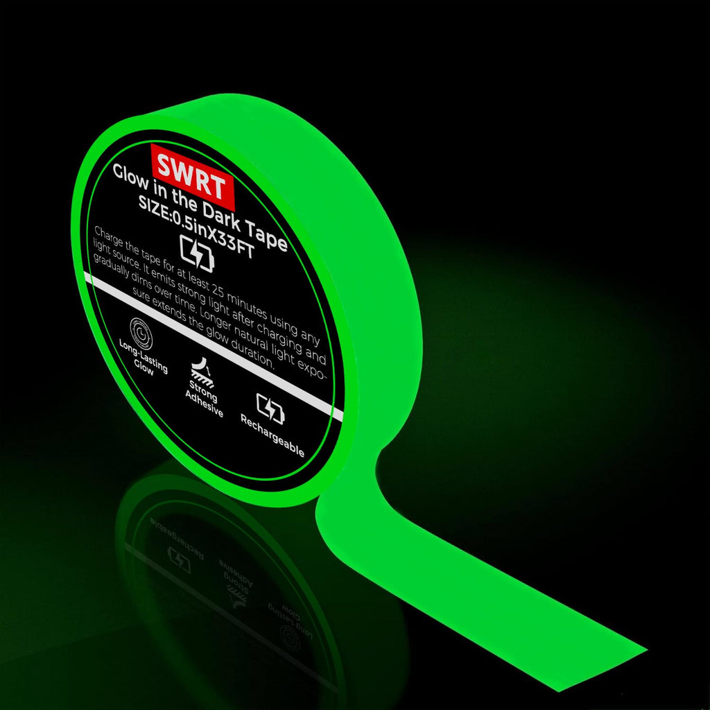 SWRT Glow in The Dark Tape 33FT x 0.5Inch, Long-Lasting Bright Fluorescent Glow Tape for Easter Decorations Strong Adhesive Waterproof Glow in The Dark Stickers for Night Decorations, Stairs,Exit Sign