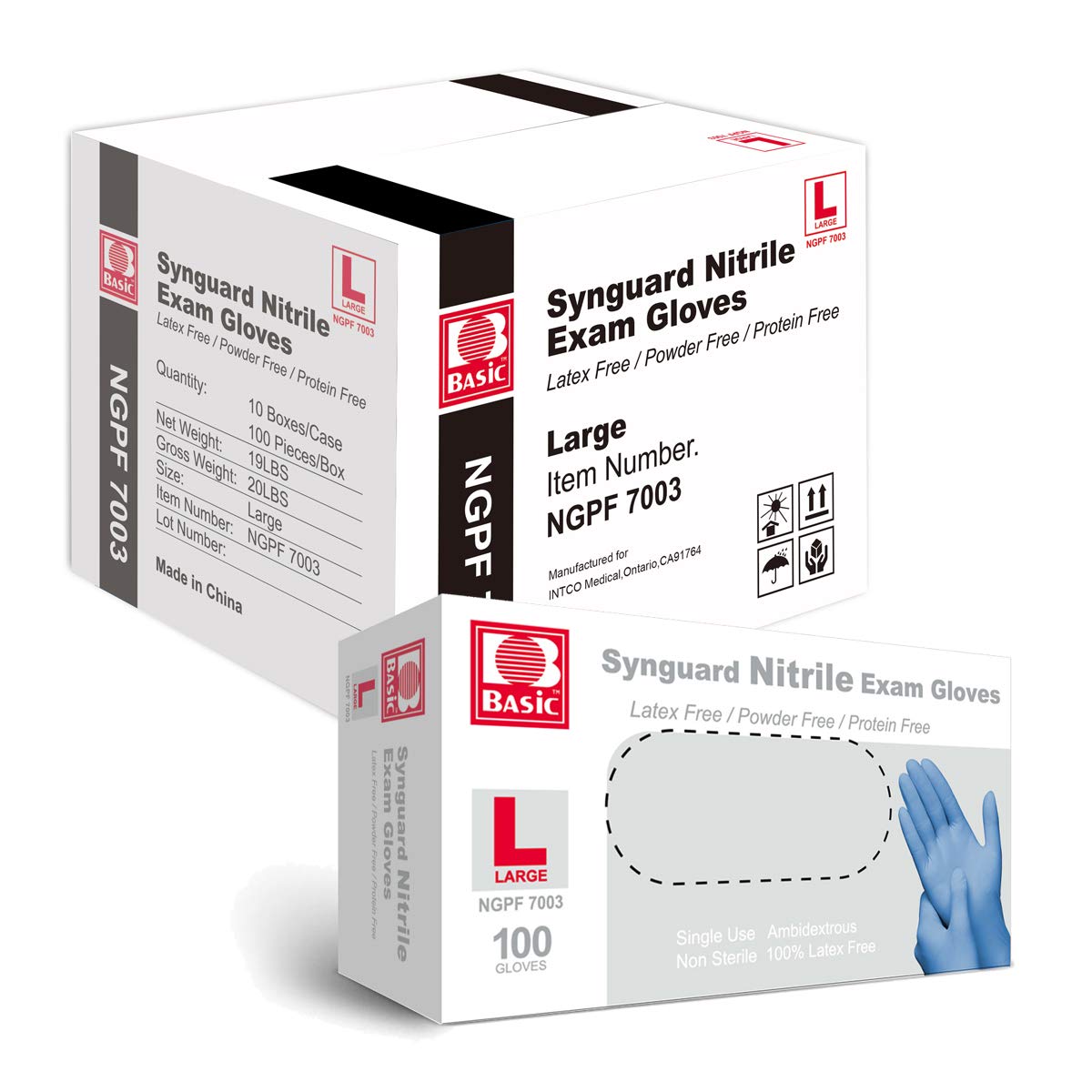 Basic Medical Blue Nitrile Exam Gloves - Latex-Free & Powder-Free - NGPF 7003 (Case of 1,000), Large