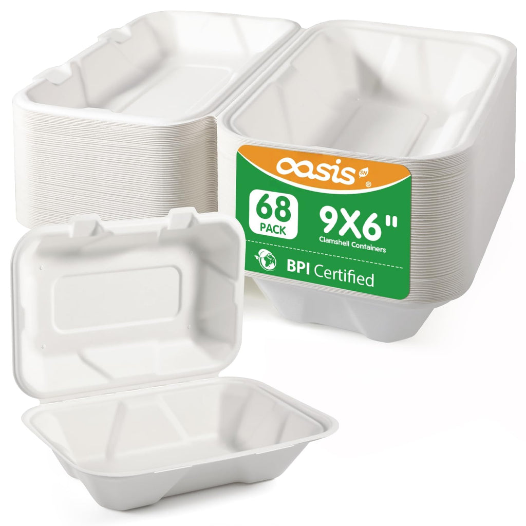 OasisSN 𝟵𝘅𝟲", 𝟲𝟴-𝗣𝗮𝗰𝗸 Clamshell Take Out Food Containers, Compostable Heavy-Duty Disposable Paper Lunch Boxes，Eco-Friendly Biodegradable To Go Containers For Food(White)