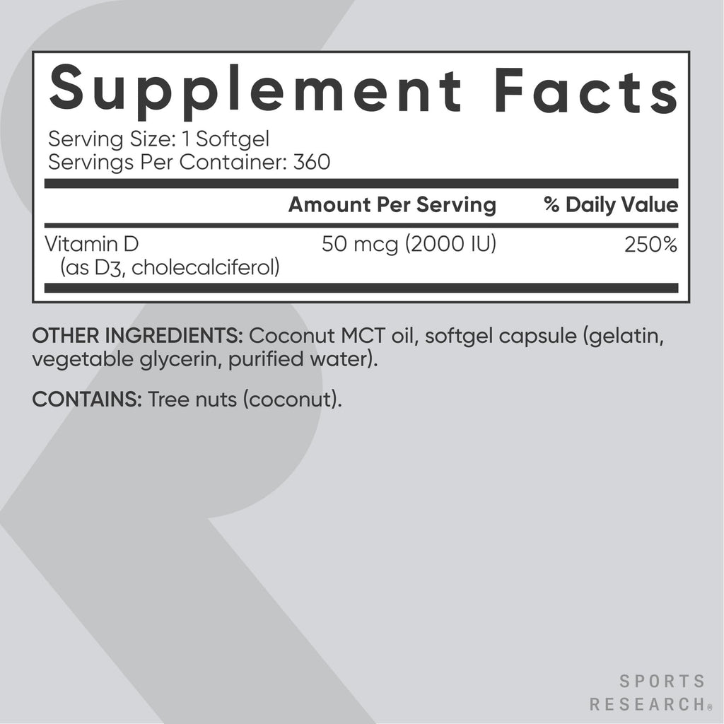 Sports Research Vitamin D3 2000 IU with Coconut MCT Oil - Double Strength Vitamin D Supplement - Non-GMO Verified, Gluten & Soy Free – 50mcg, 360 Liquid Softgels