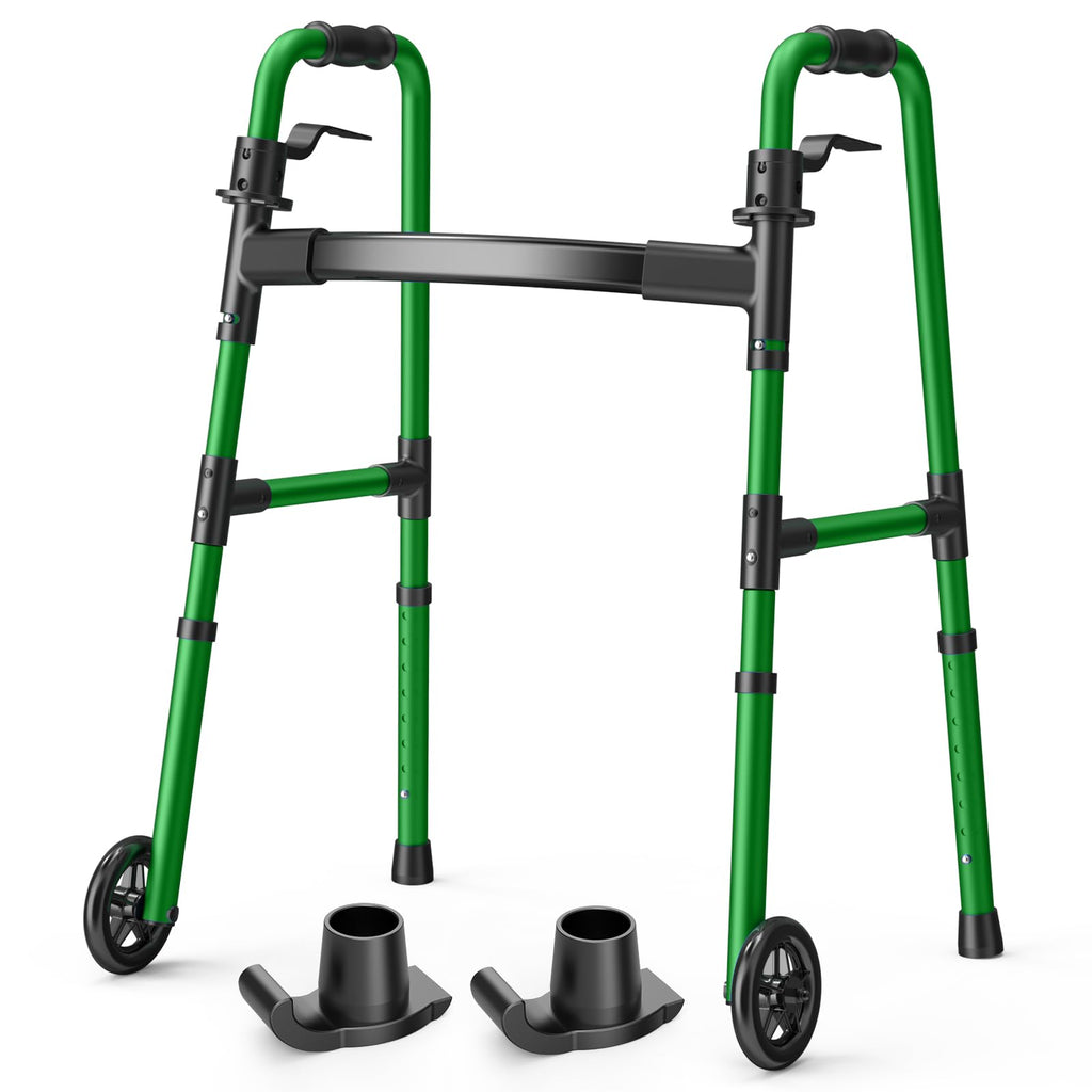 Loyoda Folding Walker with 2 Skis and 5" Wheels, Lightweight Walkers for Seniors and Adults, Supports Up to 350 Pounds, Adjustable Height, Compact Standard Walker, Green