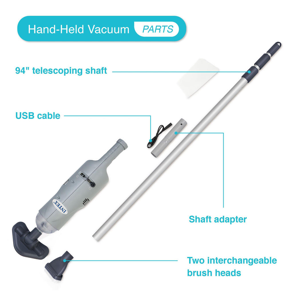 Intex Rechargeable Handheld Pool Vacuum Cleaner with 94” Telescoping Pole, 2 Brush Heads, & Shaft Adapter for PureSpas & Pools