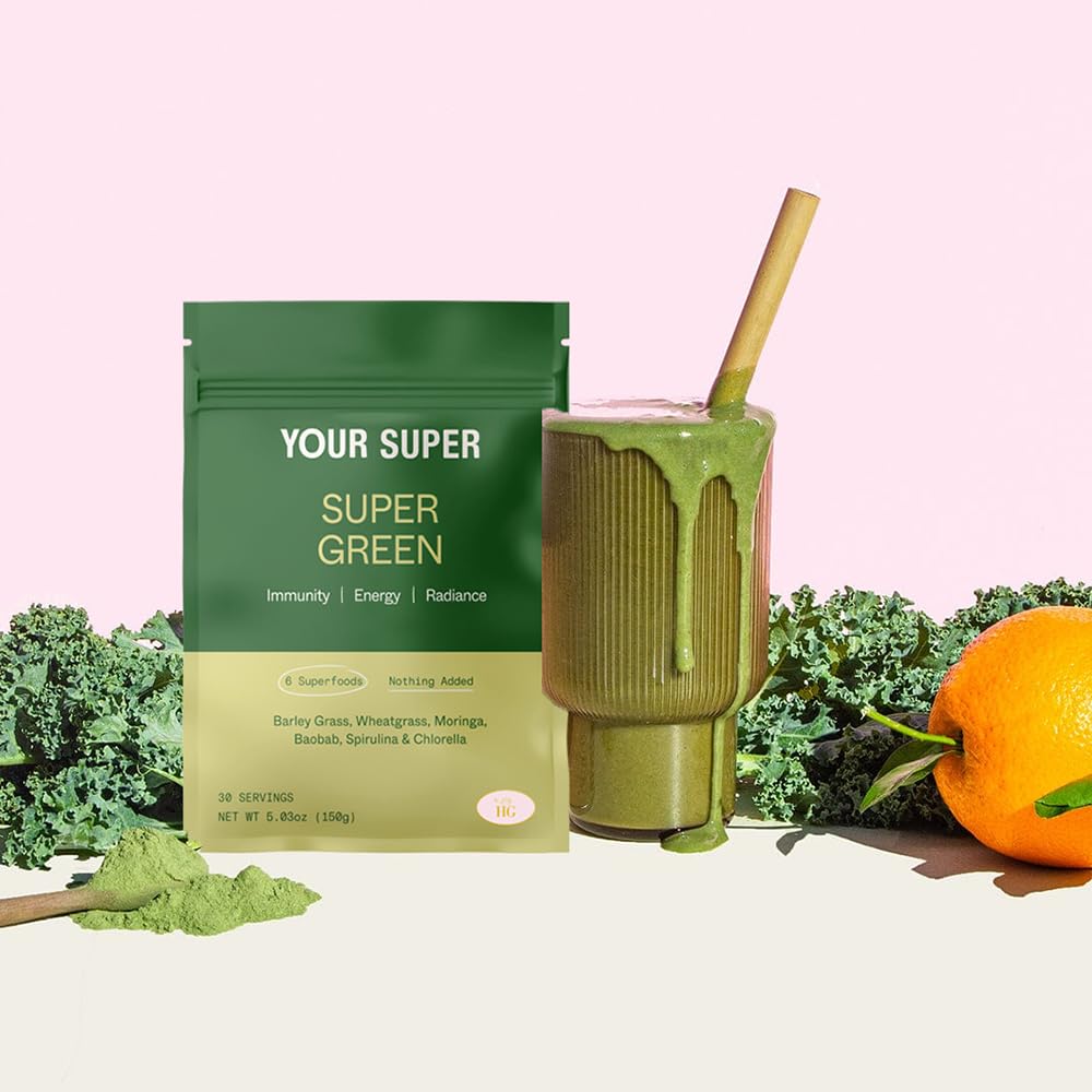 Your Super Organic Super Green Smoothie Mix – Superfood Powder for Natural Immune Support, Made with Wheatgrass, Barley Grass, Moringa, Spirulina, Chlorella & Baobab Powder (30 Servings)