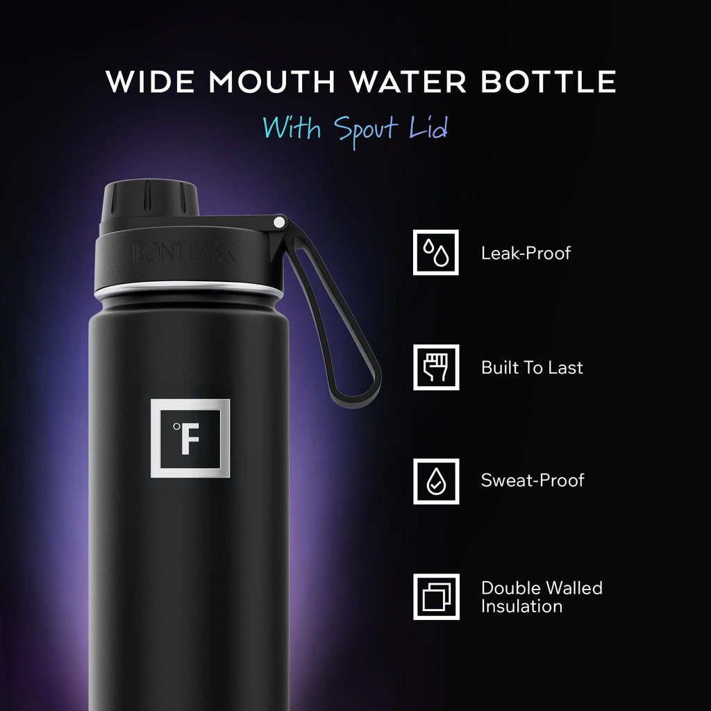 IRON °FLASK Camping & Hiking Hydration Flask with Spout, Wide Mouth Insulated Stainless Steel Sports Water Bottle - 22 oz Black Marquina