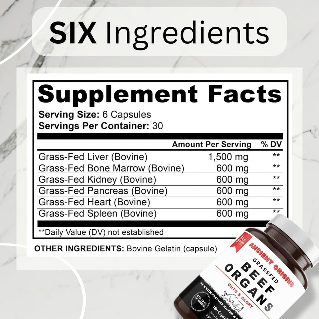 Ancient Origins Grass Fed Beef Organs Supplement 4500 mg - Desiccated Liver, Bone Marrow, Heart, Spleen, Pancreas & Kidney, Non-GMO, Gluten Free, Undefatted (180 Capsules, 750mg Each)