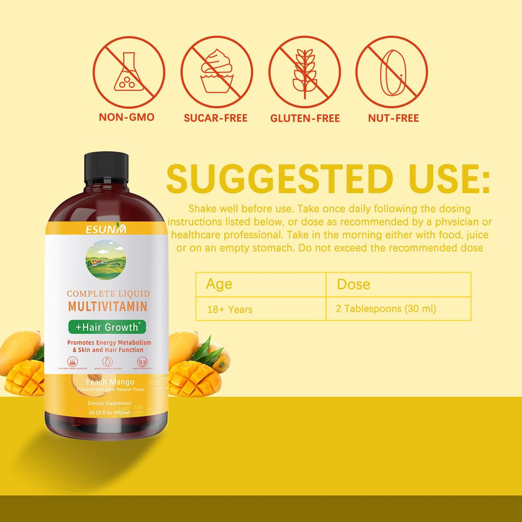 Complete Liquid Multivitamin + Hair Growth, Promotes Energy Metabolism& Skin and Hair Function| Vitamin C D | B Vitamins | Help to Thicker Hair, Wrinkles, Fine Lines, Skin Care (16.23OZ)