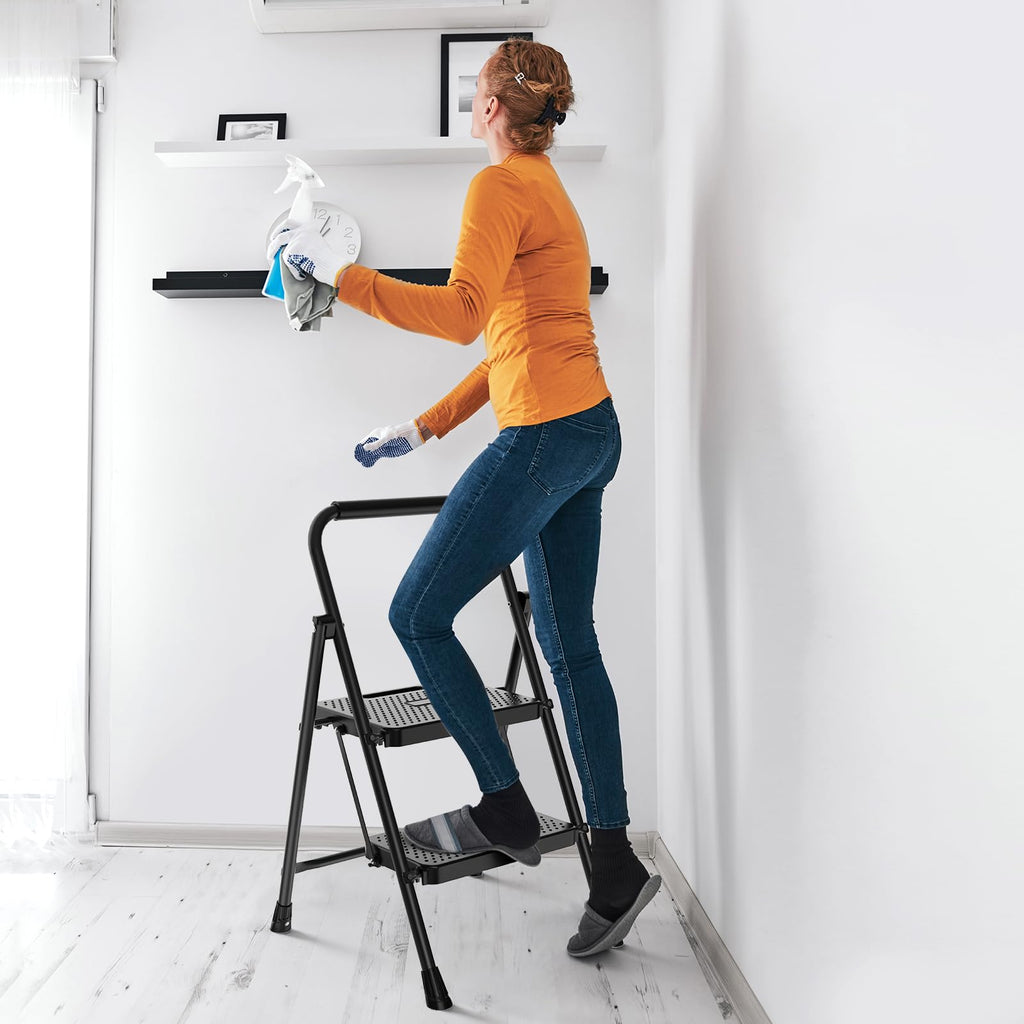 NEWBULIG 3 Step Ladder, Foldable Step Stool with Safety Lock, Lightweight Portable Steel Stool with Anti-Slip Rubber Feet,for Home Office Garage, Black