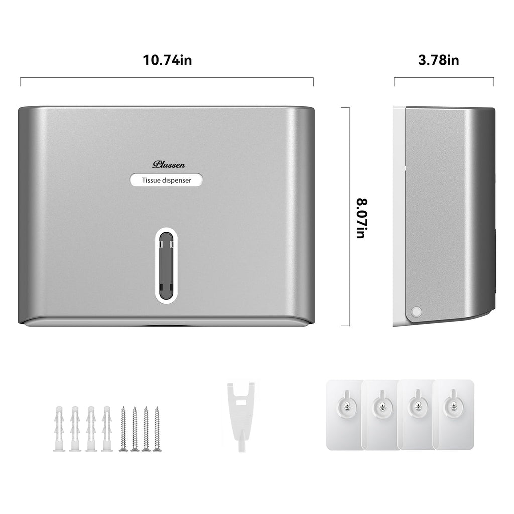 PLUSSEN Commercial Paper Towel Dispenser Wall Mount, Lockable Multifold C-Fold Trifold Hand Towel Holder, No-Drill Adhesive ABS for Bathroom Restaurant Office, Silver
