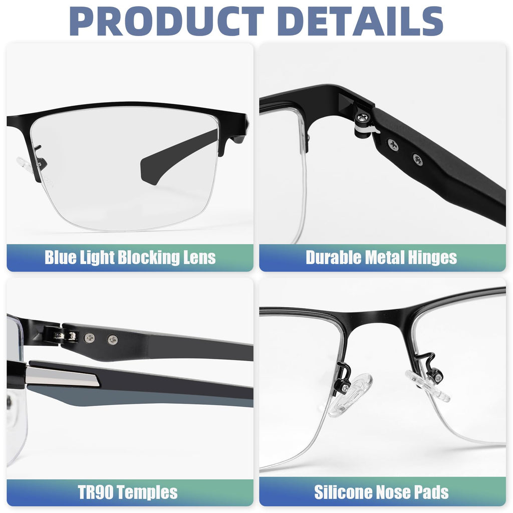 ZERPEET 2 Pack Men's Progressive Multifocal Reading Glasses,Half Rim Metal Frame TR90 Temples Blue Light Blocking Anti Eyestrain Multifocus Computer Readers,2.5x
