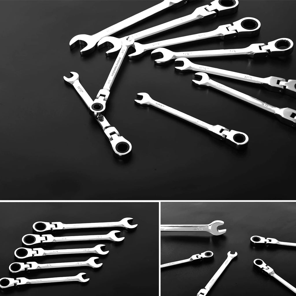 Qnkaa 12pcs Flexible Ratchet Wrenches Set SAE 1/4” to 7/8“ Inch Standard Spanners Gear Ring Ratcheting Combination Flexi Wrench Kit Flex Flexible Head